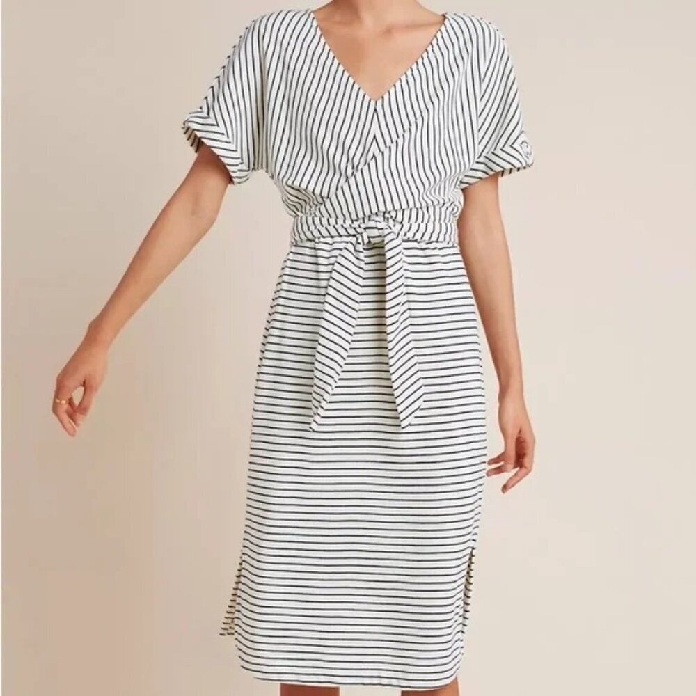 Anthropologie Pazienza Terry Cloth Criss Cross Tie Midi Dress Ivory/ Navy Medium